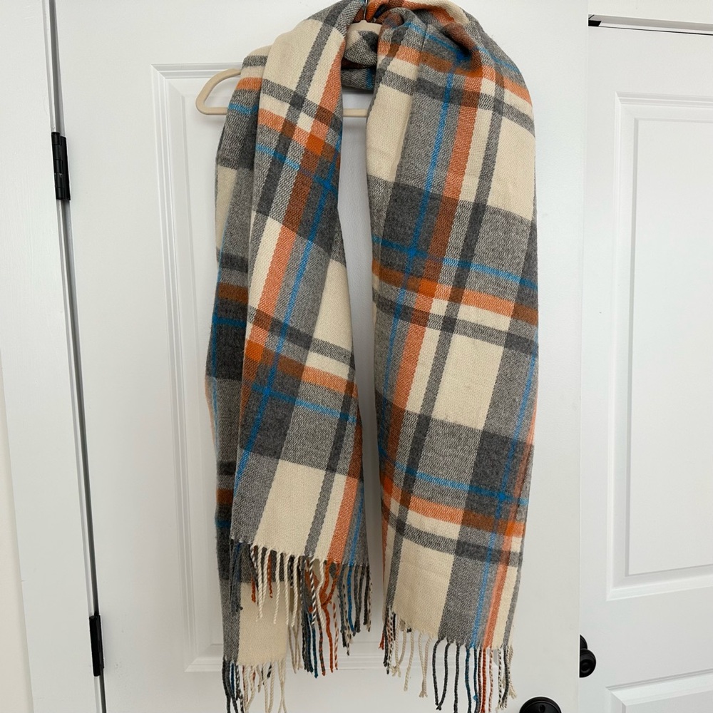 Oversized Fall Plaid Cozy Heavyweight Blanket Scarf - Cream Orange Blue Grey